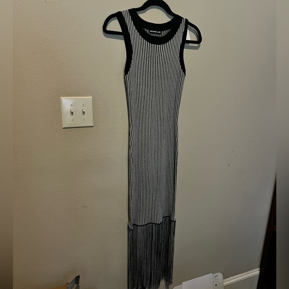 Rehab Lab Black & White Striped Sleeveless Bodycon Dress Size Large Tassels - Picture 1 of 10
